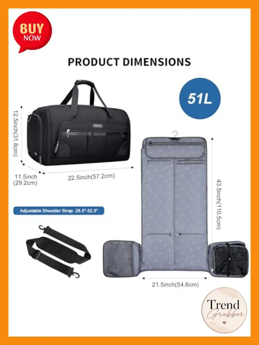 Convertible Garment Duffle Bag 51L Nylon Travel Suit Bag with Shoe Compartment